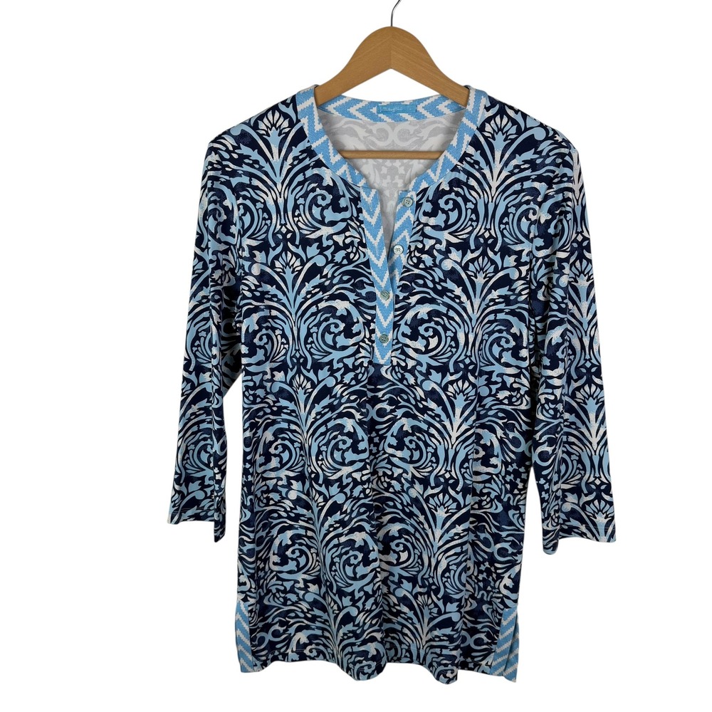 J McLaughlin Blue Damask Print Popover Tunic Top Large Catalina‎ Cloth Stretch